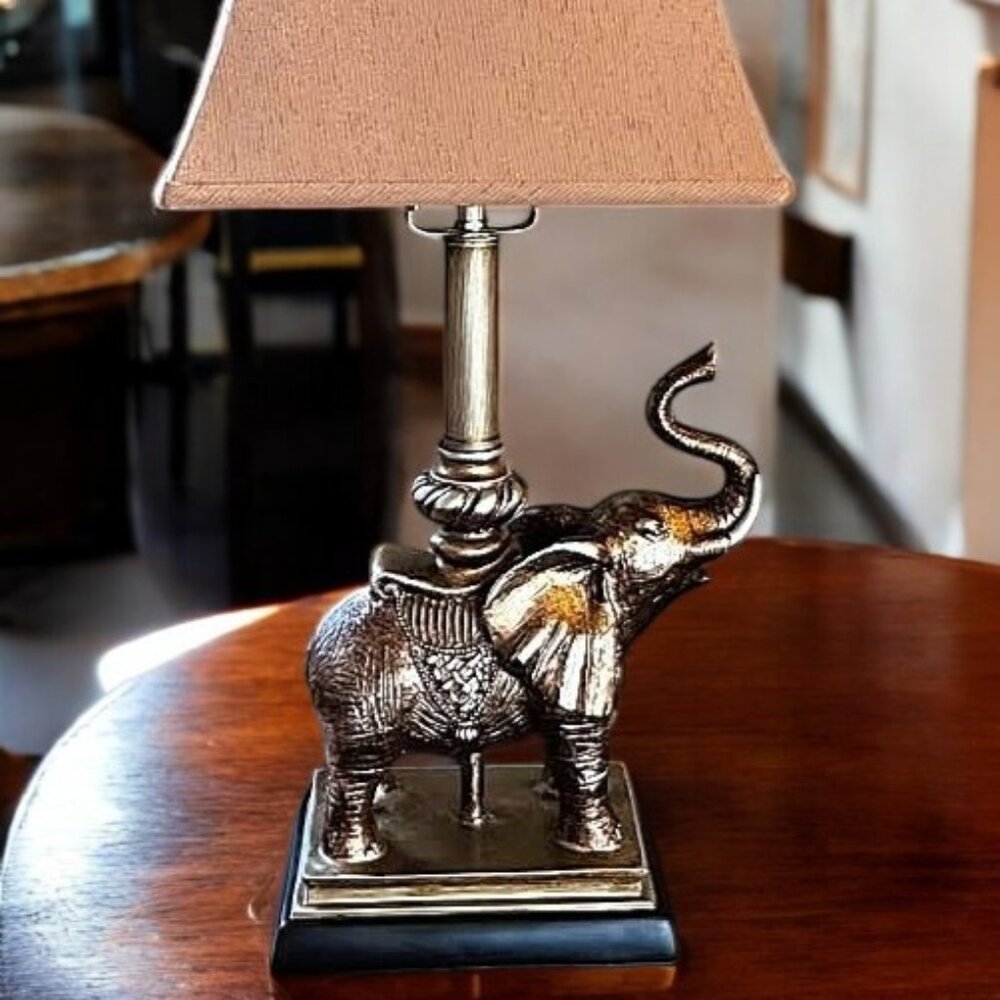 VINTAGE Elephant Table Lamp Gold Pewter Brushed tones square lampshade 25" high